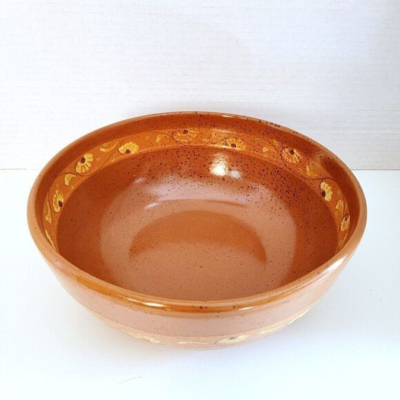 Terra Cotta Serving Bowl Hand Painted Floral Glazed Food Safe Stoneware 8" - Picture 3 of 9